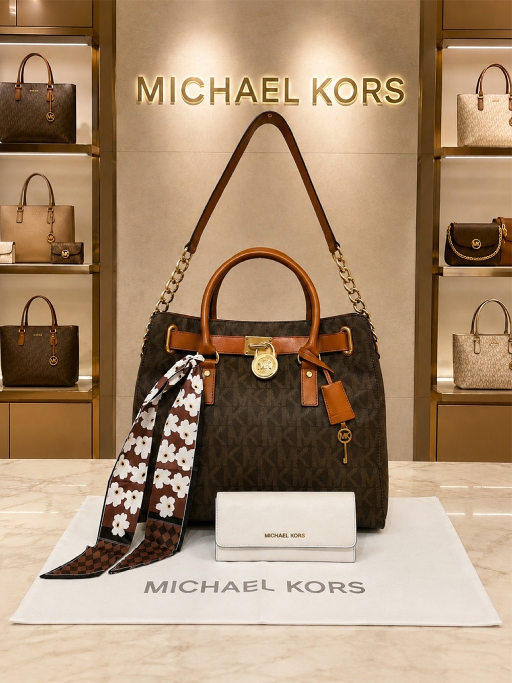 Michael Kors. 5 Piece Set: Hamilton Satchel & Free Wallet, 2 Scarfs & Dust Bag.
